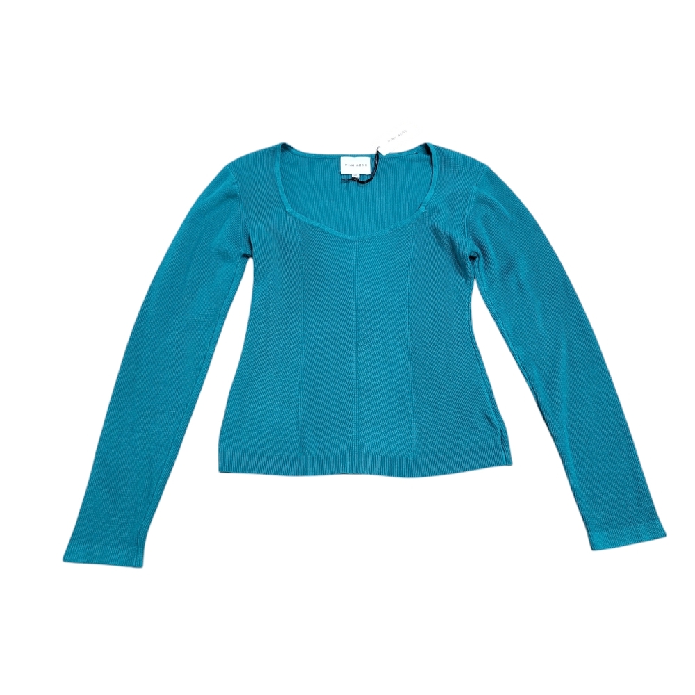 Pink Rose Sweater Size XL Blue Long Sleeve Ribbed Knit Sweetheart Stretch Slim